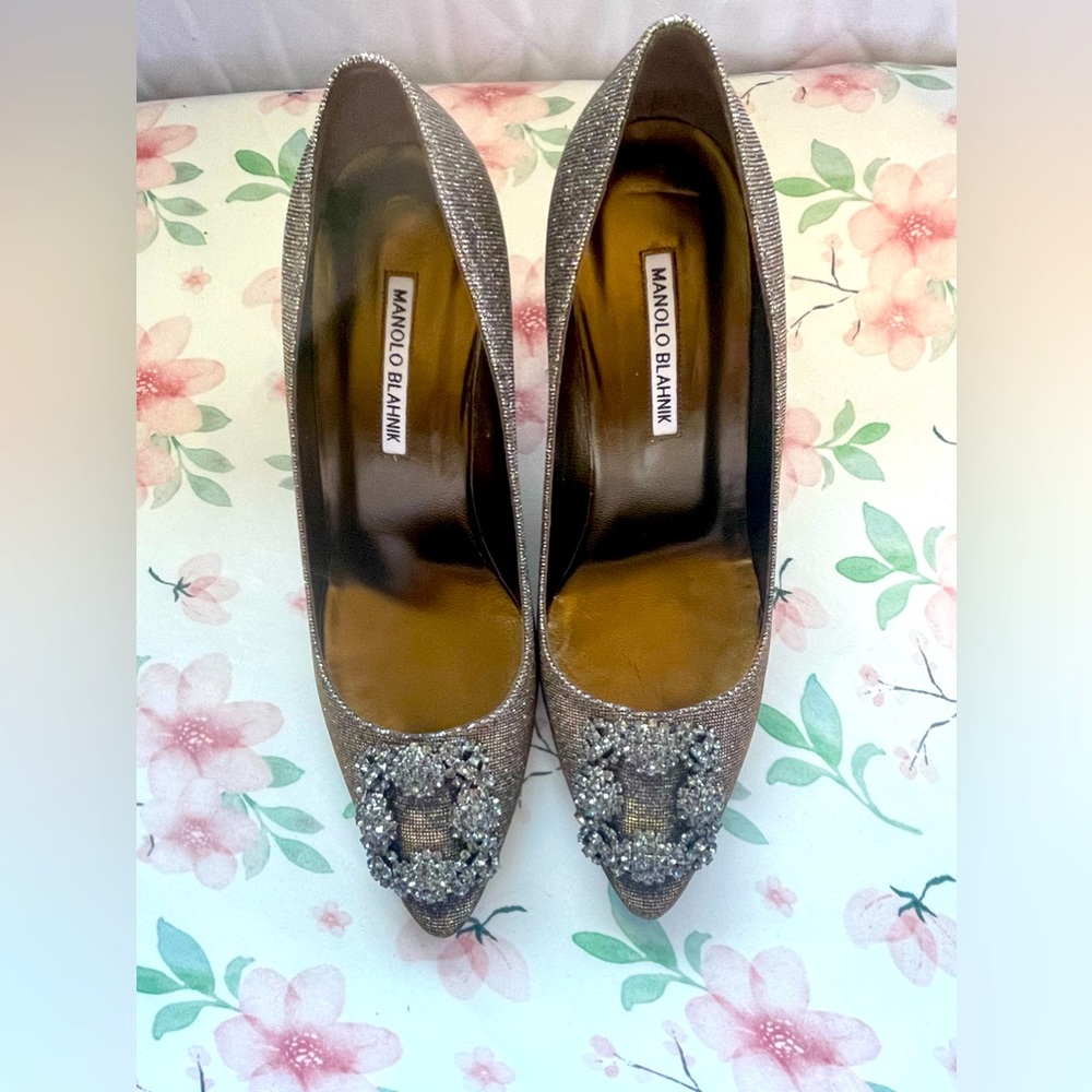 Manolo Blahnik Silver Crystal-Embellished Pointed Toe Pumps